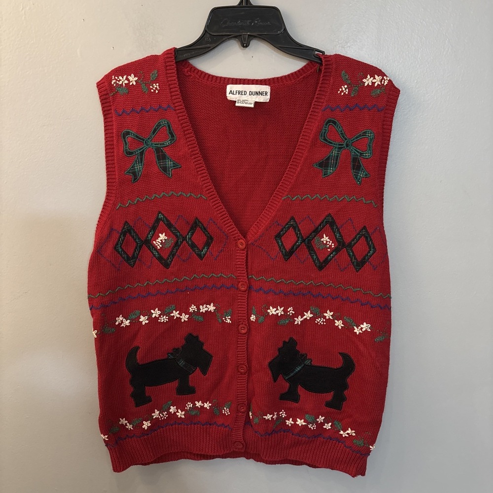 VTG Alfred Dunner Scottie Dog Knit Sweater Vest Cardigan Red Holidays Size M